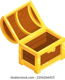 Öffnen Sie Schatz Brustkorb isometrische Symbol. Cartoon-Holzbehälter