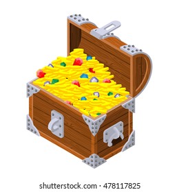 Open treasure chest isometrics. Old casket with money. Gold and precious stones ornament. Sapphires and diamonds. Coins and emeralds. Pirate Hidden Wealth
