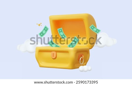 Open treasure chest with money banknotes fly, Loot trove precious greed fantasy magic adventure pirate concept. on pastel background. vintage box rich antique. 3d vector illustration elements