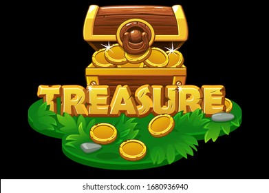 Un cofre de tesoros abierto en una plataforma de césped isométrico. Cofre de madera con monedas de oro en la isla para el juego.