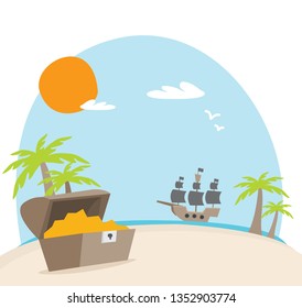 open treasure chest and pirates stuff on a desert island flat design