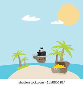 open treasure chest and pirates stuff on a desert island flat design