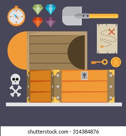 open treasure chest and pirates stuff isolated flat design