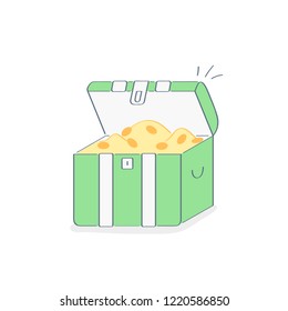 Open treasure chest with shinny gold, golden coins, wealth in old case. Flat outline vector illustration on white.