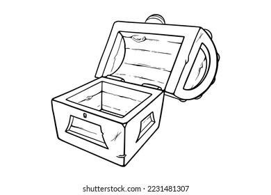 Open treasure chest sketch. Empty wooden chest for games. Vector illustration isolated in white background