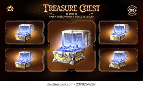 Open Treasure Chests Collection With Blue Diamonds-Unveiling a Realm from Basic to Upgraded Levels for RPG, Fantasy, and Medieval Games-Vector illustration Design