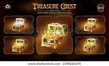 Open Treasure Chests Collection With Gold, Silver and Bronze Coins Unveiling a Realm from Basic to Upgraded Levels for RPG, Fantasy, and Medieval Games-Vector illustration Design