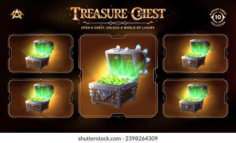 Open Treasure Chests Collection With Green Crystals-Unveiling a Realm from Basic to Upgraded Levels for RPG, Fantasy, and Medieval Games-Vector illustration Design