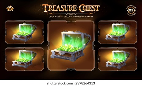 Open Treasure Chests Collection With Green Crystals-Unveiling a Realm from Basic to Upgraded Levels for RPG, Fantasy, and Medieval Games-Vector illustration Design