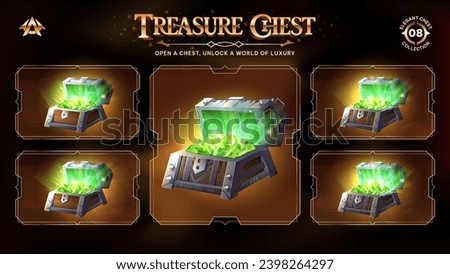 Open Treasure Chests Collection With Green Crystals-Unveiling a Realm from Basic to Upgraded Levels for RPG, Fantasy, and Medieval Games-Vector illustration Design