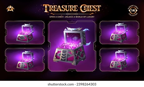 Open Treasure Chests Collection With Pink Diamonds -Unveiling a Realm from Basic to Upgraded Levels for RPG, Fantasy, and Medieval Games-Vector illustration Design