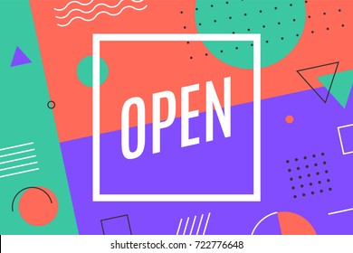 Open. Trendy graphic background and memphis style geometric texture with text Open. Colorful graphic design for emotion, blame and curiosity for banner, poster, greeting card. Vector Illustration