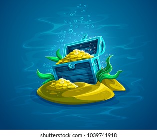 Open trunk. Hidden pirate chest with gold treasures in ocean underworld among sand and seaweeds. Piratic hoard in water. Vector illustration.