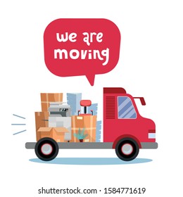 Open trunk of the truck woth stack af office things in cardboard boxes.Corporate Moving. Unloading or loading van side view. We are moving concept with lettering. Vector flat cartoon illustration.