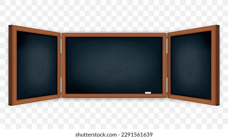 Open Tthree-leaf Chalkboard With Wood Frame Isolated On Transparent Background. EPS10 Vector