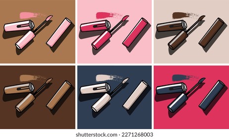Open tube with a brush for liquid lipstick, liquid lip gloss, next to closed six color tubes with eyeliner and mascara with shadows. Flat vector graphic.