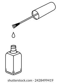 Tubo abierto de esmalte. Pule los goteos del aplicador de cepillo. Boceto. Un vial rectangular voluminoso con un cuello estrecho y un hilo para torcer. Ilustración vectorial. 