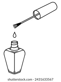 Open tube of nail polish. Polish drips from the brush applicator. Sketch. A voluminous bottle with a narrow neck and a screw thread. Vector illustration. Decorative cosmetics.