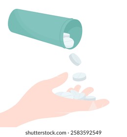 open tube with scattered  pills in human hand