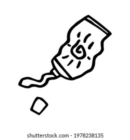 Open tube of sunscreen in doodle style. Hand drawn vector illustration isolated on white background. Sunblock sign for the themes of travel, vacation, tourism.