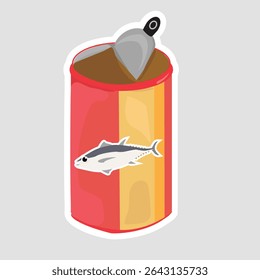Open Tuna Can Sticker. Cartoon vector sticker of an opened tin can with a tuna fish illustration, ideal for food, kitchen, and grocery themes