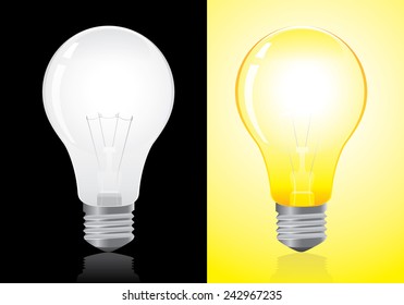 Open and turned off light bulb vector on black and yellow background