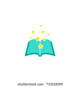 Open turquoise book with yellow stars flying out.  Isolated on white background. Flat icon. Vector illustration. Magic reading logo. Fairytale pictogram. Knowledge power sign.