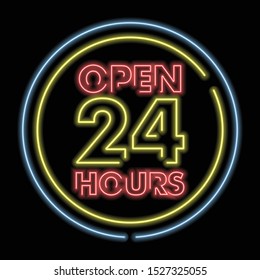 Open Twenty four hours neon sign isolated on black background