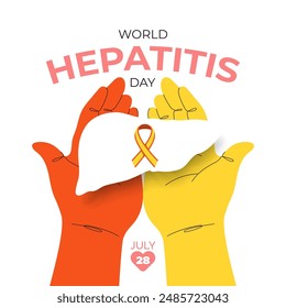 Open two hands holding liver silhouette and ribbon, yellow orange color, design for hepatitis awareness campaign