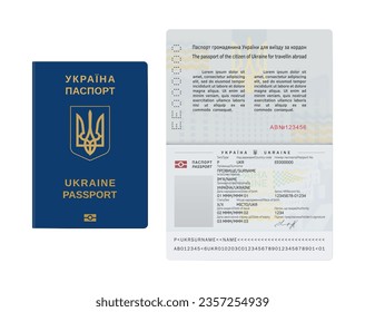 Open Ukrainian biometric passport template isolated on a white background. Document. Vector illustration. Ukraine