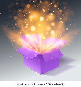 Open ultraviolet gift box with bokeh burst effect. Side view. Cardboard box. Isolated on a grey background. Vector illustration.