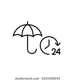 Open umbrella and 24 hour clock. Full coverage, constant protection. Pixel perfect vector icon