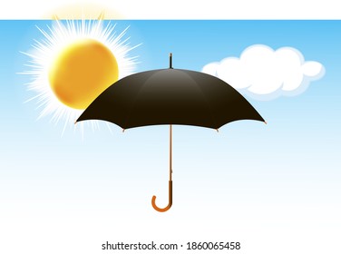 Open umbrella against the backdrop of the bright sun close up. Sunny day. Vector illustration