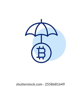 Open umbrella and bitcoin symbol. Blockchain security. Data insurance and protection. Pixel perfect, editable stroke icon. 3D Illustration