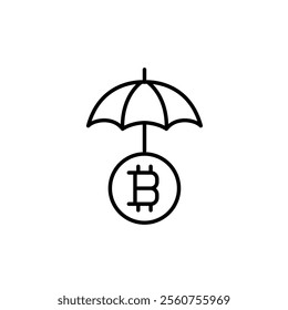 Open umbrella and bitcoin symbol. Blockchain security. Data insurance and protection. Pixel perfect vector icon