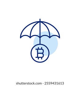 Open umbrella and bitcoin symbol. Crypto assets secure allocation. Pixel perfect vector icon