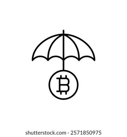 Open umbrella and bitcoin symbol. Crypto assets secure allocation. Pixel perfect, editable stroke icon