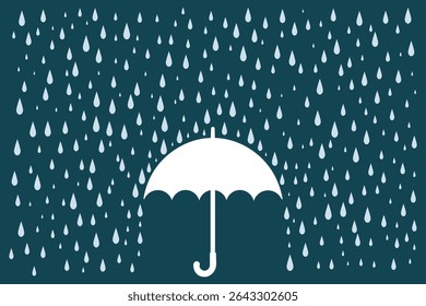 Open umbrella with blue rain drops, flat vector cartoon style for seasonal designs, nursery art, and cute children’s backgrounds
