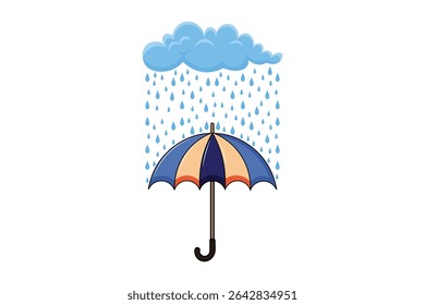 Open umbrella with blue raindrops, cartoon flat vector design, colorful and minimal illustration for rainy season, kids art, nursery prints, and web-based weather graphics

