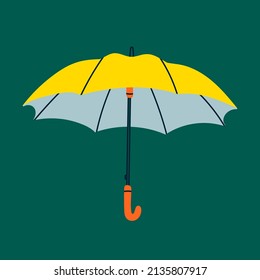 Open Umbrella. Blue and yellow colors. Hand drawn modern Vector illustration. Cartoon minimalistic style. Icon, logo, design template. Isolated on green background