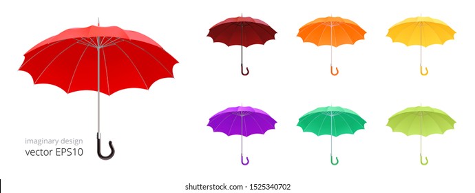 Open umbrella cane. Vector collection of 3d realistic rain umbrellas. 12 ribs and classic crook handle. Set of gamps with a different colors. Red, brown, orange, yellow, purple and green canopies