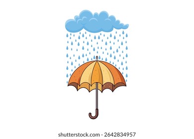 Open umbrella catching colorful raindrops, vector flat weather scene in cartoon style, perfect for seasonal illustrations, decor, and children’s use

