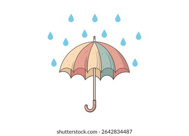Open umbrella with colorful rain drops falling from the sky, cartoon-style vector illustration, simple and cute weather concept, flat design for print, posters, and kids-themed graphics

