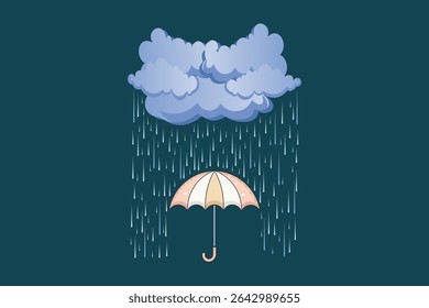 Open umbrella with cute blue raindrops, flat cartoon vector artwork for seamless children’s patterns, weather illustrations, and nursery designs

