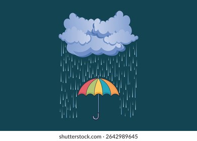 Open umbrella with falling rain in flat cartoon vector, pastel background suitable for rainy season themes, children’s materials, and cute seamless patterns

