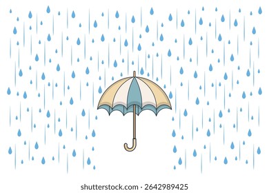 Open umbrella with falling water drops in cartoon flat style, pastel vector background ideal for kids content, educational visuals, and seamless patterns
