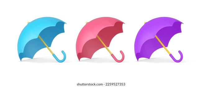 Open umbrella fashion accessory rain sun shadow protection 3d icon set realistic vector illustration. Parasol safety overcast rainy weather autumn spring dripped glossy curved fabric dry equipment