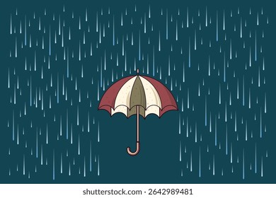 Open umbrella with gentle cartoon rain drops, pastel flat vector illustration perfect for baby designs, children’s story illustrations, and seamless patterns

