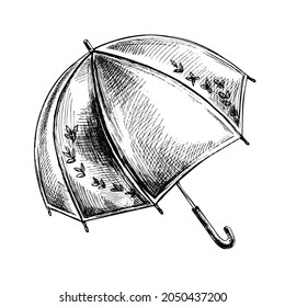 Open umbrella hand-drawn vector illustration. Rain protection. Sketch design element isolated on white background. Autumn season accessory. Waterproof parasol ink pen freehand drawing.