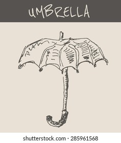 Open umbrella with handle , in engraving etching sketch hand drawing style, for meteorology and protection concept design